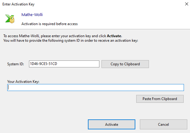 Screenshot des Meldungsfensters mit Angabe der System_ID und Feld für die Eingabe des Aktivierungskeys.
