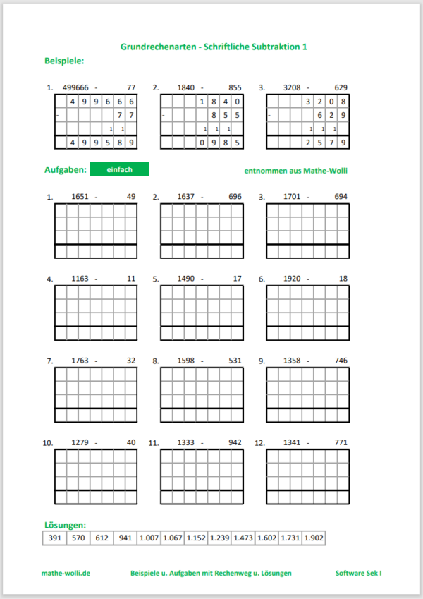 Kostenlose Mathematik Arbeitsblätter Lösungen gratis Download